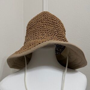 Woven Straw Sun Beach Bucket Hat in Tan with adjustable strap
